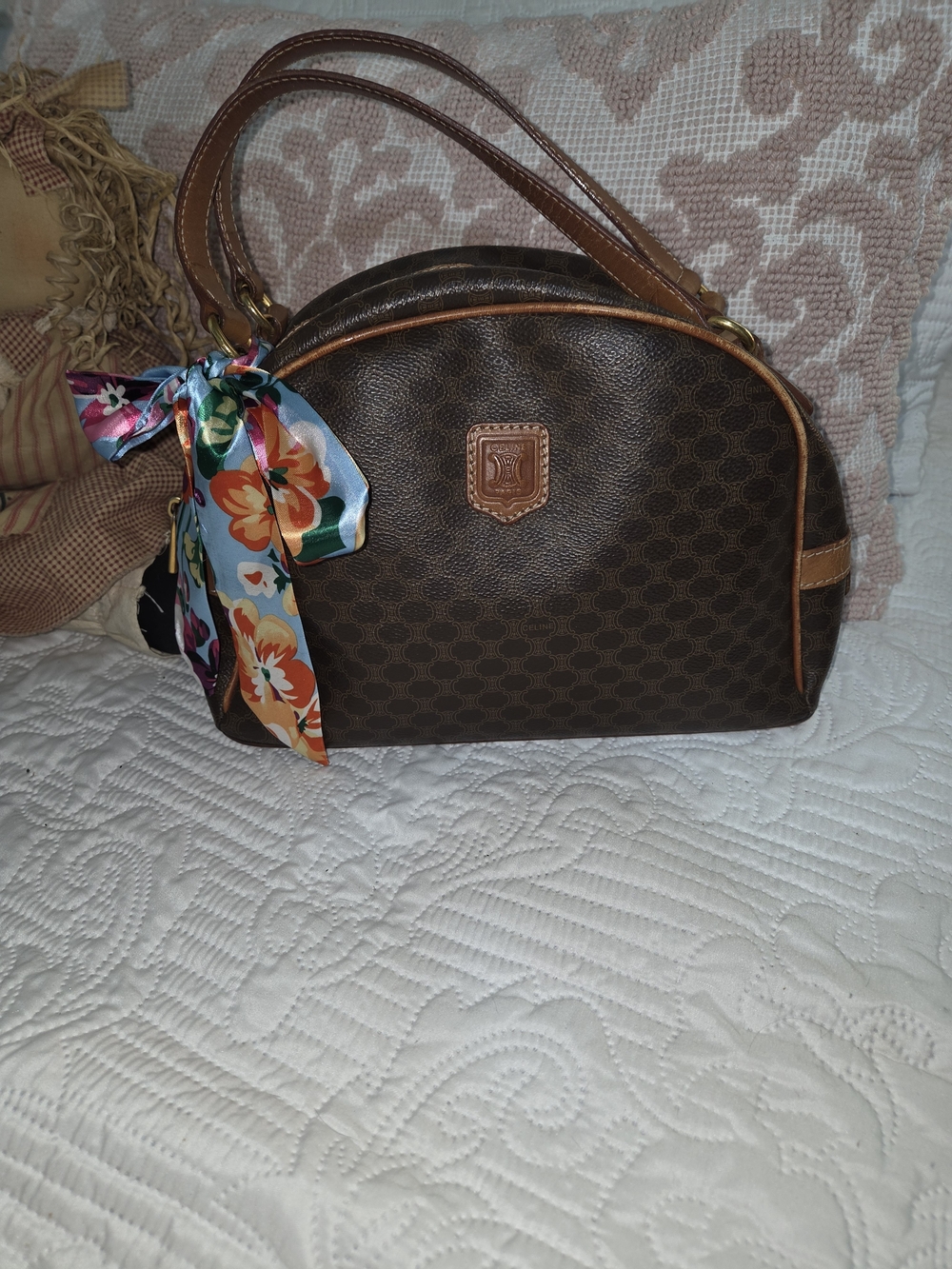 VIntage Celine Macadam Dome Bag Brown Patterned Dome Satchel Bag with Tan Trim